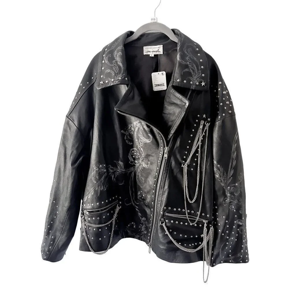 Free People Nigel Preston Chain Embellished Biker Jacket Leather - Picture 4 of 14